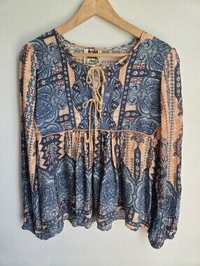 JAASE Paisley Tie-Front Peasant Blouse - Blue & Peach